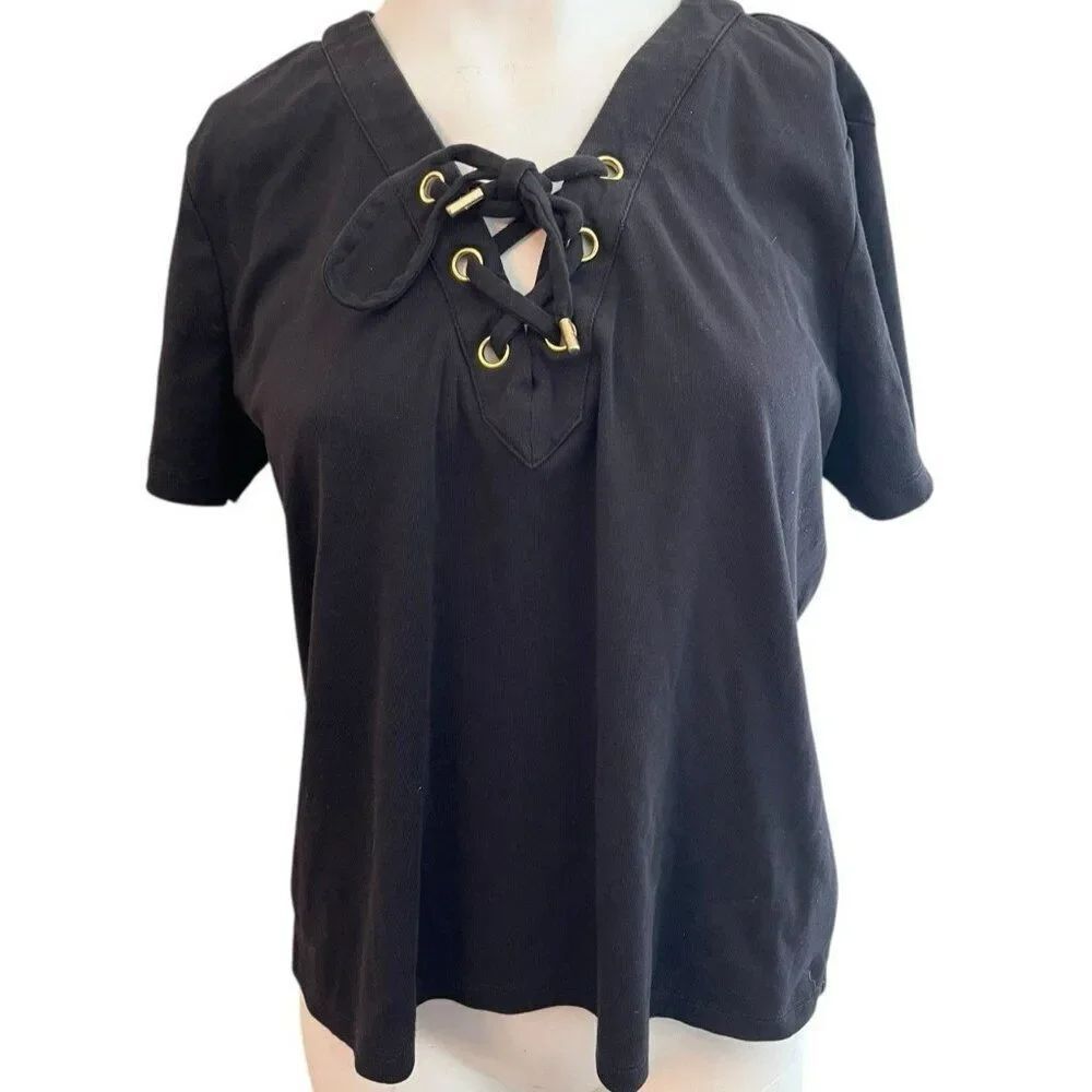 Michael Kors Ladies XL Black LaceUp V Neck Blouse T Shirt Short Sleeve Top